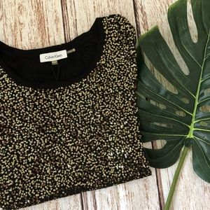 New Calvin Klein Gold Sequins Short Sleeve Top
